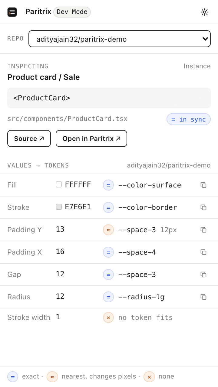 Paritrix in Figma Dev Mode: the ProductCard component to use and the repo token for each fill, padding, gap and radius
