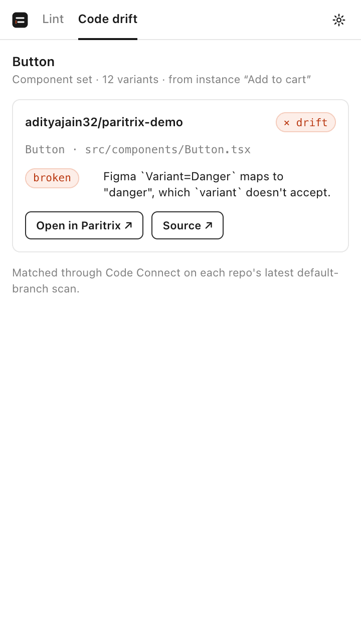 Paritrix Code drift in Figma: the Button component drifts in paritrix-demo because its Danger variant has no matching prop value